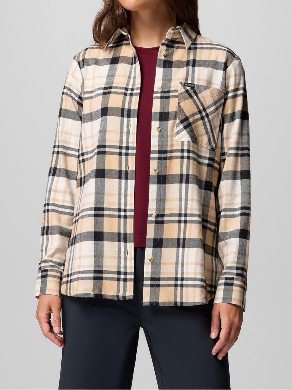 NWT Columbia Women's Calico Basin Plaid Flannel Long Sleeve Shirt XS Tan Cream
